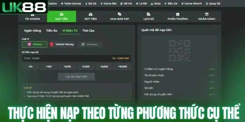 Thực hiện nạp theo từng phương thức cụ thể